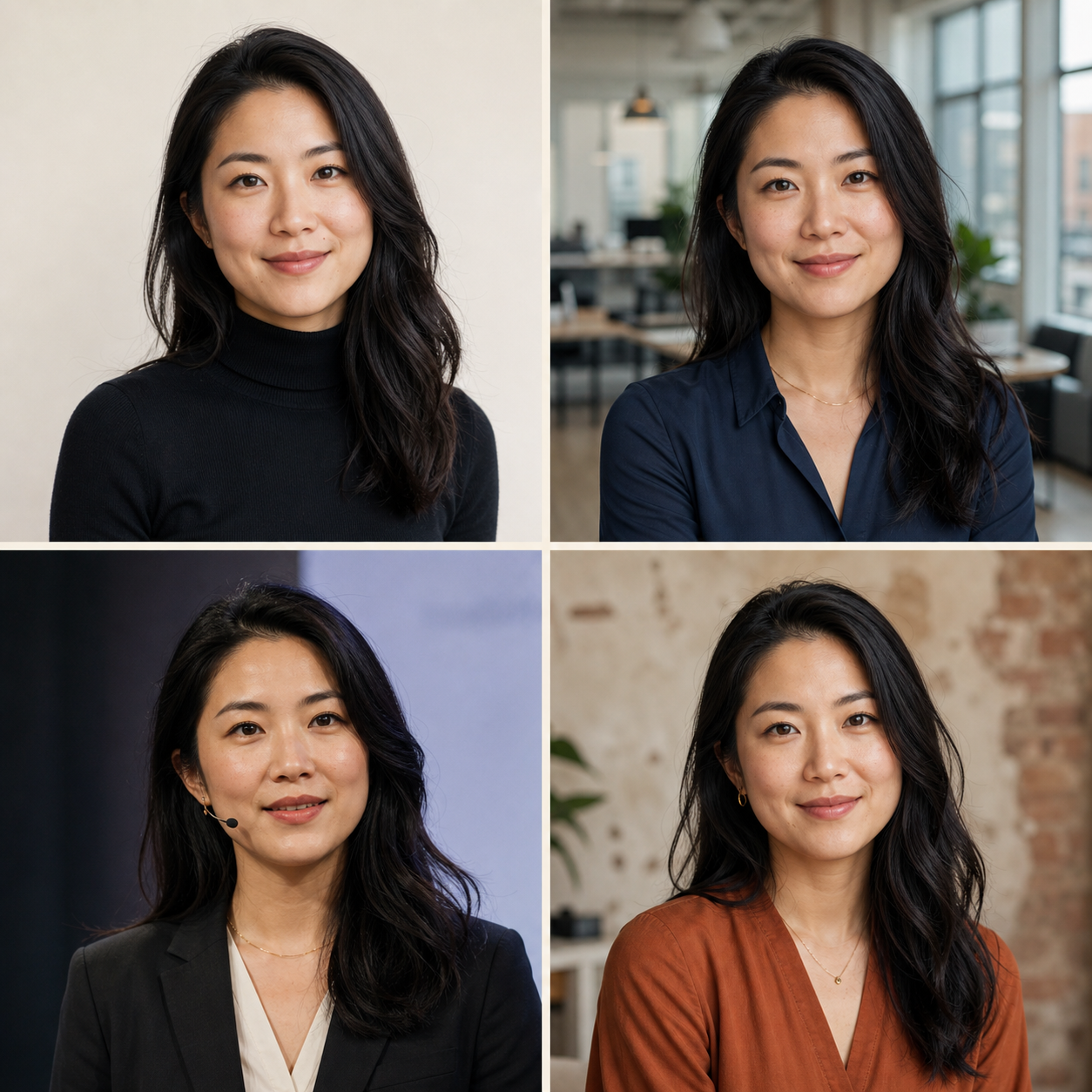 The same fictional person shown in four professional profile photo styles